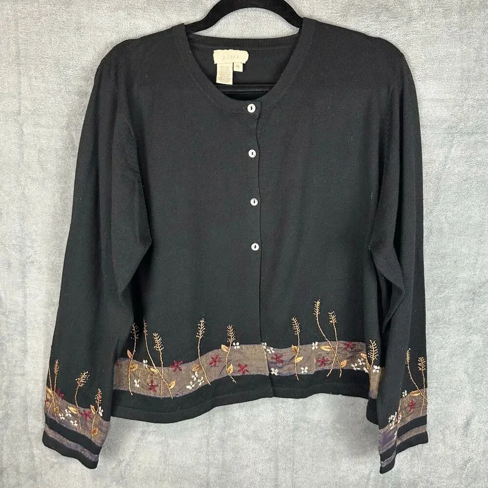 J Jill Sweater Womens XL Black Cardigan Silk Wool Floral Beaded Embroidered Boho